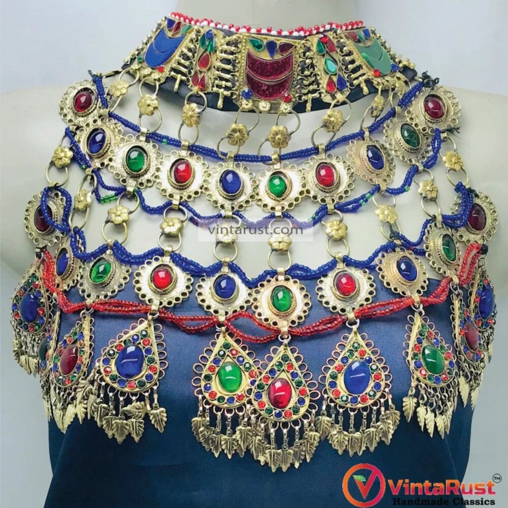 Multicolor Big Unique Choker Necklace, Old Kuchi Afghan Choker Necklace